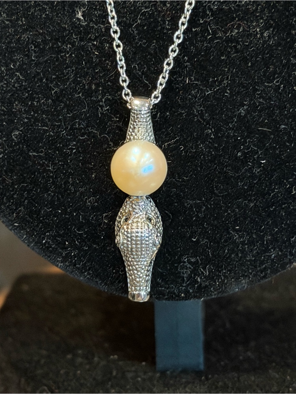 Silver Snake Freshwater Pearl, Black Spinel Pendant Neclace